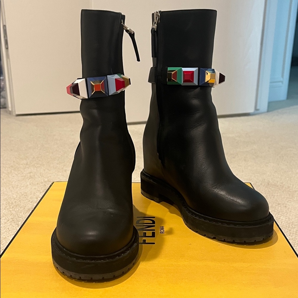 Fendi Black Ankle Boots with Colorful Accents